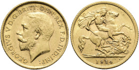 AUSTRALIEN. George V., 1910 - 1936. 1/2 Sovereign (3.98g). 1914 S, Sydney. Kopf nach links, darunter Signatur / Heiliger Georg zu Pferde reitet den Dr...