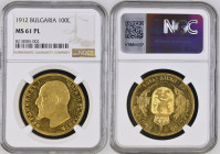 BULGARIA Ferdinand I (1887-1918) 100 Leva 1912 gold. Gr. 32,25. FR 5; Monev 40. Mintage 5.000. Vienna Mint (original strike). NGC MS 61 PL (n.8218085-...