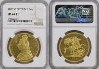 GREAT BRITAIN Queen Victoria (1837-1901) 5 Pounds 1887 Jubilee Head gold. Gr. 39,94. Spink 3864; Marsh F30. Mintage 54.641. London Mint. NGC MS61 PL (...