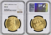 GREAT BRITAIN Queen Victoria (1837-1901) 5 Pounds 1887 Jubilee Head gold. Gr. 39,94. Spink 3864; Marsh F30; Mintage 54.641. London Mint. NGC MS62 (n.8...
