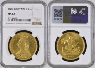 GREAT BRITAIN Queen Victoria (1837-1901) 5 Pounds 1887 Jubilee Head gold. Gr. 39,94. Spink 3864; Marsh F30; Mintage 54.641. London Mint. NGC MS62 (n.8...