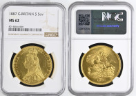 GREAT BRITAIN Queen Victoria (1837-1901) 5 Pounds 1887 Jubilee Head gold. Gr. 39,94. Spink 3864; Marsh F30; Mintage 54.641. London Mint. NGC MS62 (n.8...