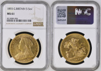 GREAT BRITAIN Queen Victoria (1837-1901) 5 Pounds 1893 Old Veiled Bust gold. Gr. 39,94. Spink 3872; Marsh F33. Mintage 20.405. London Mint. NGC MS61 (...