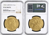 GREAT BRITAIN Edward VII (1901-1910) 5 Pounds 1902 gold. Gr. 39,94. Spink 3966; Marsh F36. Mintage 8.066. London Mint. NGC PF62 Matte (n.8218044-007)