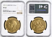 GREAT BRITAIN King George V (1910-1936) 5 Pounds 1911 gold. Gr. 39,94. Spink 3994; Marsh F38. Mintage 2.812. London Mint. NGC PF62 (n.8218044-012)