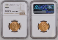 GREAT BRITAIN Queen Elizabeth II (1952-2022) Sovereign 1958 gold. Gr. 7,98. Spink 4125; Marsh 298. Mintage 8.700.000. London Mint. NGC MS66 (n.6632285...