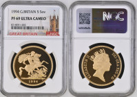 GREAT BRITAIN Queen Elizabeth II (1952-2022) 5 Pounds 1994 (Reverse Saint George) gold. Gr. 39,94. Spink SE3; Marsh F64. Mintage 918. London Mint. NGC...