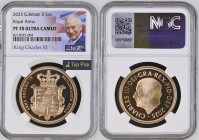 GREAT BRITAIN King Charles III (2022-present) 5 Pounds 2025 “King Charles III Rotal Arms” gold. Gr. 39,94. Spink SE20. Mintage 650. London Mint. NGC P...