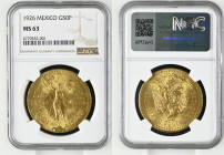 MEXICO Estados Unidos Mexicanos (1821-present) 50 Pesos 1926 gold. Gr. 41,66. KM 481; FR 172. Mintage 600.000. Mexico City Mint. NGC MS63 (n.6770552-0...
