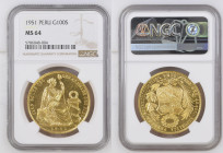 PERU Republic (1822-present) 100 Soles Seated Liberty 1951 gold. Gr. 46,80. FR 78; KM 231. Mintage 8.241. Lima Mint. NGC MS64 (n.5786048-004)