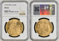 PERU Republic (1822-present) 100 Soles 1959 gold. Gr. 46,80. FR 78; KM 231. Mintage 4.710. Lima Mint. NGC MS66 (n.6642691-004). Only two in higher gra...