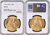 PERU Republic (1822-present) 100 Soles 1960 gold. Gr. 46,80. FR 78; KM 231. Mintage 2.207. Lima Mint. NGC MS66 (n.8218007-006)