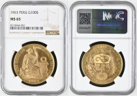 PERU Republic (1822-present) 100 Soles 1963 gold. Gr. 46,80. FR 78; KM 231. Mintage 7.342. Lima Mint. NGC MS65 (n.8218044-002). Exceptional coin, at l...