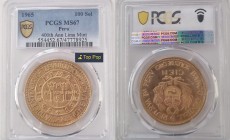 PERU Republic (1822-present) 100 Soles 400th Anniversary Lima Mint (Tower) 1965 gold. Gr. 46,80. FR 83; KM 243. Mintage 27.000. Lima Mint. PCGS MS67 (...