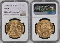 PERU Republic (1822-present) 100 Soles 1967 gold. Gr. 46,80. FR 78; KM 231. Mintage 6.431. Lima Mint. NGC MS66 (n.6639410-009). Nice red tone