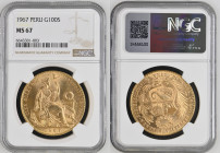 PERU Republic (1822-present) 100 Soles 1967 gold. Gr. 46,80. FR 78; KM 231. Mintage 6.431. Lima Mint. NGC MS67 (n.6643301-003). Only one in higher gra...