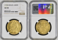 BRAZIL Jose I (1750-1777) 6400 Reis (Peca) 1755 R gold. Gr. 14,34. LMB 421; Bentes 175.05. Mintage 756.913. Rio de Janeiro Mint. NGC AU58 (n.6646191-0...