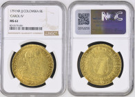 COLOMBIA King Charles IV (1788-1808) 8 Escudos 1791NR JJ gold. Gr. 27,07. Cal 1718; FR 43. Mintage unknown. Santa Fe’ de Nuevo Reino Mint. NGC MS61 (n...