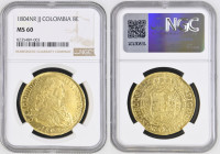 COLOMBIA King Charles IV (1788-1808) 8 Escudos 1804NR Jj gold. Gr. 27,07. Cal 1744; FR 51. Mintage unknown. Santa Fe’ de Nuevo Reino Mint. NGC MS60 (n...