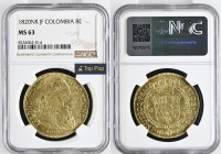 COLOMBIA King Ferdinand VII (1808-1833) 8 Escudos 1820JF NR gold. Gr. 27,07. Cal 1859; FR 60. Mintage unknown. Santa Fe’ de Nuevo Reino Mint. NGC MS63...