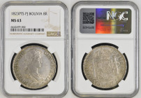 BOLIVIA King Ferdinand VII (1808-1833) 8 Reales 1823PTS PJ silver. Gr. 27,04. Cal 1388; KM 84. Mintage unknown. Potosi Mint. NGC MS63 (n.6642699-002)....