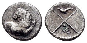 Thrace, Thracian Chersonesos AR Hemidrachm. Circa 386-338 BC. Forepart of lion right, head reverted / Quadripartite incuse square with alternating rai...