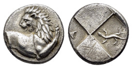 THRACE. Chersonesos. Hemidrachm (Circa 386-338 BC).
Obv: Forepart of lion right, head reverted.
Rev: Quadripartite incuse square with alternating rais...