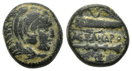 KINGS of MACEDON.Alexander III.The Great.(336-323 BC).AE.Macedonian mint. Lifetime issue.
Obv : Head of Herakles right, wearing lion skin.
Rev : AΛEΞA...