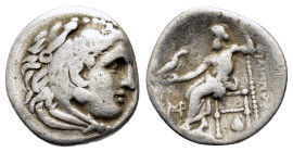 KINGS of MACEDON. Alexander III.(336-323 BC).Abydos.Drachm.
Obv : Head of Herakles right, wearing lion skin.
Rev : AΛEΞANΔPOY.
Zeus seated left on thr...