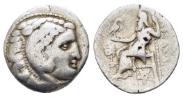 KINGS OF MACEDON. Alexander III 'the Great' (336-323 BC). Drachm. Kolophon.
Obv: Head of Herakles right, wearing lion skin.
Rev: AΛEΞANΔPOY.
Zeus seat...