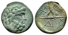BITHYNIA.Dia.(Circa 85-65 BC).Ae.
Obv : Laureate head of Zeus to right.
Rev : ΔΙΑΣ.
Eagle standing left on thunderbolt, head right; monograms to left ...