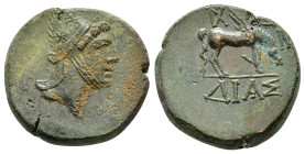 BITHYNIA.Dia.(Circa 85-65 BC).Ae.
Obv : Head of Perseus right, wearing phrygian cap.
Rev : DIAΣ.
Pegasos grazing right, monogram to upper right.

Cond...