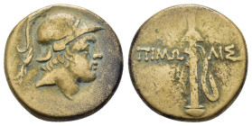 "PAPHLAGONIA. Pimolisa. Time of Mithradates VI Eupator (111-105 or 95-90 BC). Ae.
Obv: Helmeted head of Ares right.
Rev: ΠIMΩ - ΛIΣH.
Sword in sheath....
