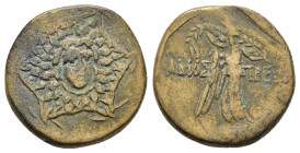 PAPHLAGONIA.Amastris.(Circa 85-65 BC).Ae.
Obv : Aegis.
Rev : AMAΣΤΡEΩN.
Nike advancing right, holding long palm frond.
SNG BM Black Sea 1316–1318; HGC...