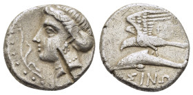 PAPHLAGONIA.Sinope.(Circa 330-300 BC).Drachm.
Obv : Head of nymph left, with hair in sakkos, aphlaston to left.
Rev : ΦΑΓΕΤΑ ΣINΩ.
Sea-eagle standing ...