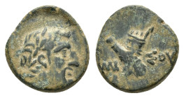 "PONTOS. Amisos. Ae (Circa 85-65 BC). Time of Mithradates VI Eupator.
Obv: Laureate head of Herakles right.
Rev: AMI - ΣOY.
Crossed club and gorytos; ...