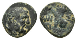 "PONTOS. Amisos. Ae (Circa 85-65 BC). Time of Mithradates VI Eupator.
Obv: Laureate head of Herakles right.
Rev: AMI - ΣOY.
Crossed club and gorytos; ...