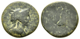 Pontos. Amisos circa 85-65 BC. Bronze Æ Bust of Amazon right, in wolf's scalp / [A]MI-ΣO[Y], Nike walking right, holding wreath in right hand, palm ov...