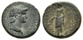 PHRYGIA.Prymnessus. Nero.(Augustus). (63-8).Ae.
Obv : ΝΕΡΩΝΑ ΚΑΙΣΑΡΑ ΠΡΥΜΝΗΣΣΕΙΣ.
Laureate head right.
Rev : ΕΠΙ ΚΛΑΥΔΙΟΥ ΜΙΘΡΙΔΑΤΟΥ.
Dikaiosyne stand...
