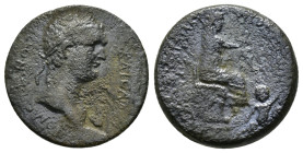 CILICIA.Flaviopolis.Domitian.(81-96).Ae.
Obv : ΔΟΜƐΤΙΑΝΟϹ ΚΑΙϹΑΡ.
laureate head of Domitian right; Countermarked helmeted head of Athena right in incu...