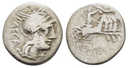 M. PORCIUS LAECA. Denarius (125 BC). Rome.
Obv: LAECA.
Helmeted head of Roma right; star (mark of value) below chin.
Rev: M PORC / ROMA.
Libertas driv...