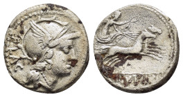 L. RUTILIUS FLACCUS. Denarius (77 BC). Rome.
Obv: FLAC.
Helmeted head of Roma right.
Rev: L RVTILI.
Victory, holding reins and wreath, driving biga ri...