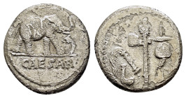 JULIUS CAESAR. Denarius (49 BC). Military mint traveling with Caesar.
Obv: CAESAR.
Elephant advancing right, trampling upon horned serpent.
Rev: Emble...