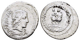 MN. FONTEIUS C.F. Denarius (85 BC). Rome.
Obv: MN FONTEI C F.
Laureate head of Apollo-Vejovis right; thunderbolt below, monogram to lower right.
Rev: ...