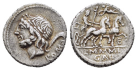 L. MEMMIUS GALERIA. Serrate Denarius (106 BC). Rome.
Obv: ROMA.
Laureate head of Saturn left; harpa to right.
Rev: L MEMMI GAL.
Venus driving biga rig...
