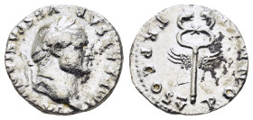 VESPASIAN.(69-79). Rome.Denarius.
Obv : IMP CAESAR VESPASIANVS AVG.
Laureate head right.
Rev : PON MAX TR P COS V.
Winged caduceus.
RIC II 703.

Condi...