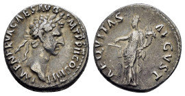 NERVA.(96-98).Rome.Denarius.
Obv : IMP NERVA CAES AVG P M TR P COS III P P.
Laureate head right.
Rev : AEQVITAS AVGVST.
Aequitas standing left with co...