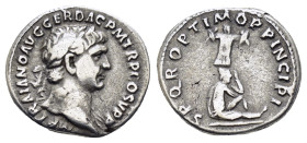 TRAJAN.(98-117).Rome.Denarius.
Obv : IMP TRAIANO AVG GER DAC P M TR P COS V P P.
Laureate bust right, with slight drapery.
Rev : S P Q R OPTIMO PRINCI...