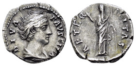 DIVA FAUSTINA I.(Died 140/141).Rome.Denarius.
Obv : DIVA FAVSTINA.
Bust of Faustina I, draped, right, hair elaborately waved in several loops round he...