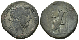 MARCUS AURELIUS (161-180). Sestertius. Rome.
Obv: M ANTONINVS AVG TR P XXVII.
Laureate head right.
Rev: IMP VI COS III / SC.
Jupiter seated left, hold...